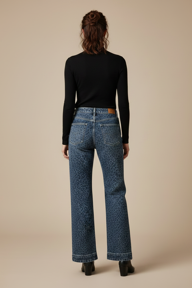 Pantalon Léopard Jean Ample Bleu Imprimé Délavé Femme - vue 2