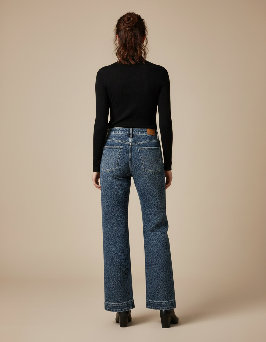 Pantalon Léopard Jean Ample Bleu Imprimé Délavé Femme - vue 2