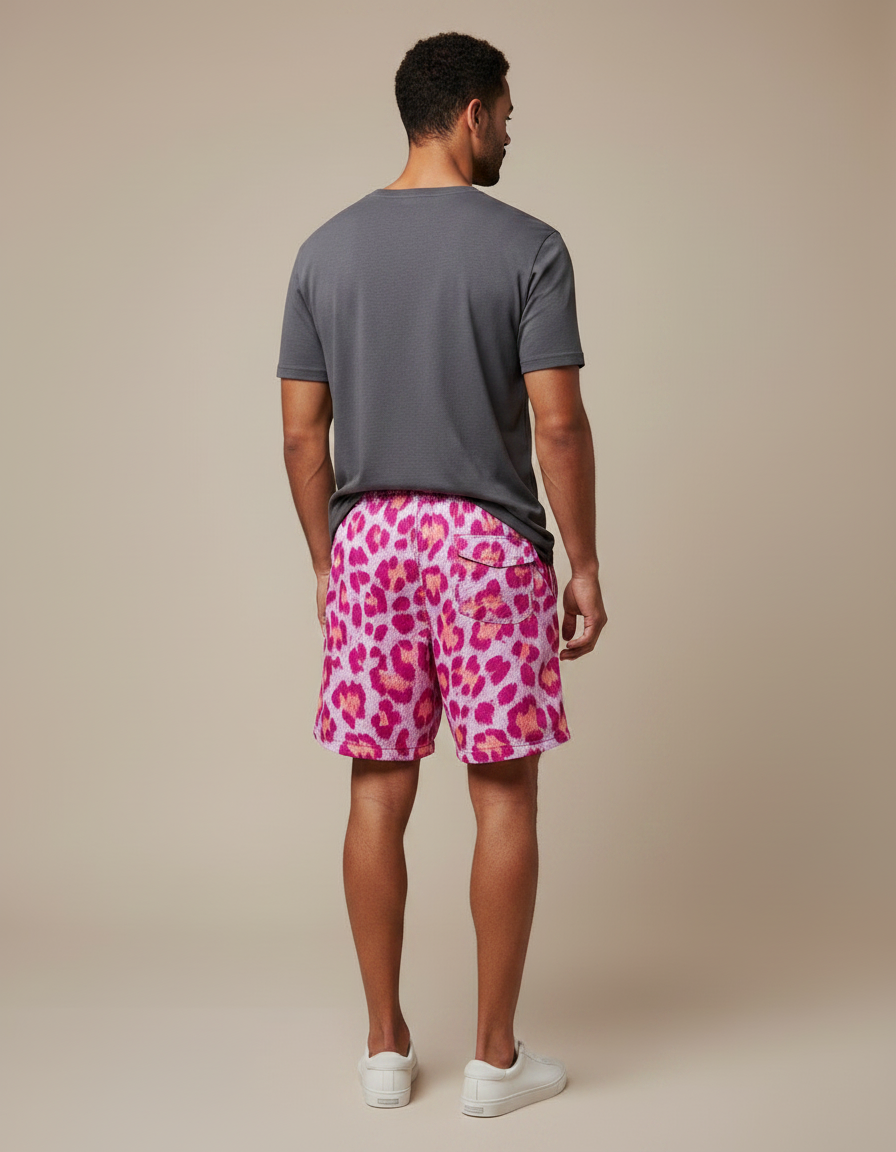 Pantalon Léopard Homme Rose Imprimé Court Sportif - Molleton - vue 2