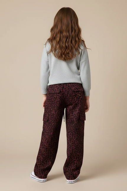 Pantalon Léopard Cargo Ample Bordeau Imprimé Fille - Bordeaux Viscose - vue 2