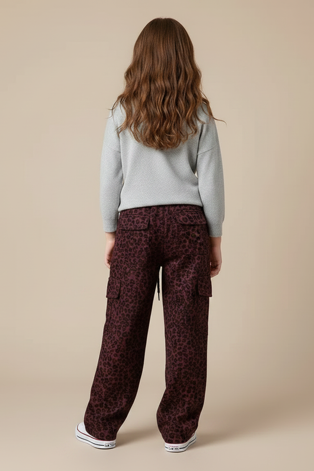 Pantalon Léopard Cargo Ample Bordeau Imprimé Fille - Bordeaux Viscose - vue 2