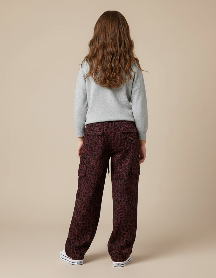 Pantalon Léopard Cargo Ample Bordeau Imprimé Fille - Bordeaux Viscose - vue 2