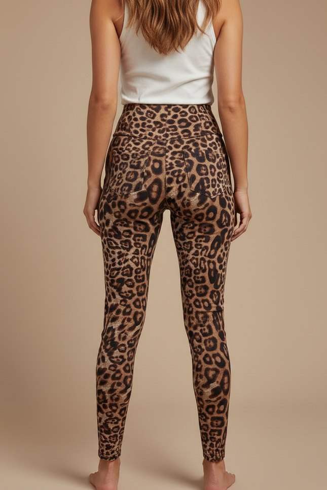 Pantalon Léopard Marron Moulant Imprimé Ceinture Nœud - Polyester - vue 2