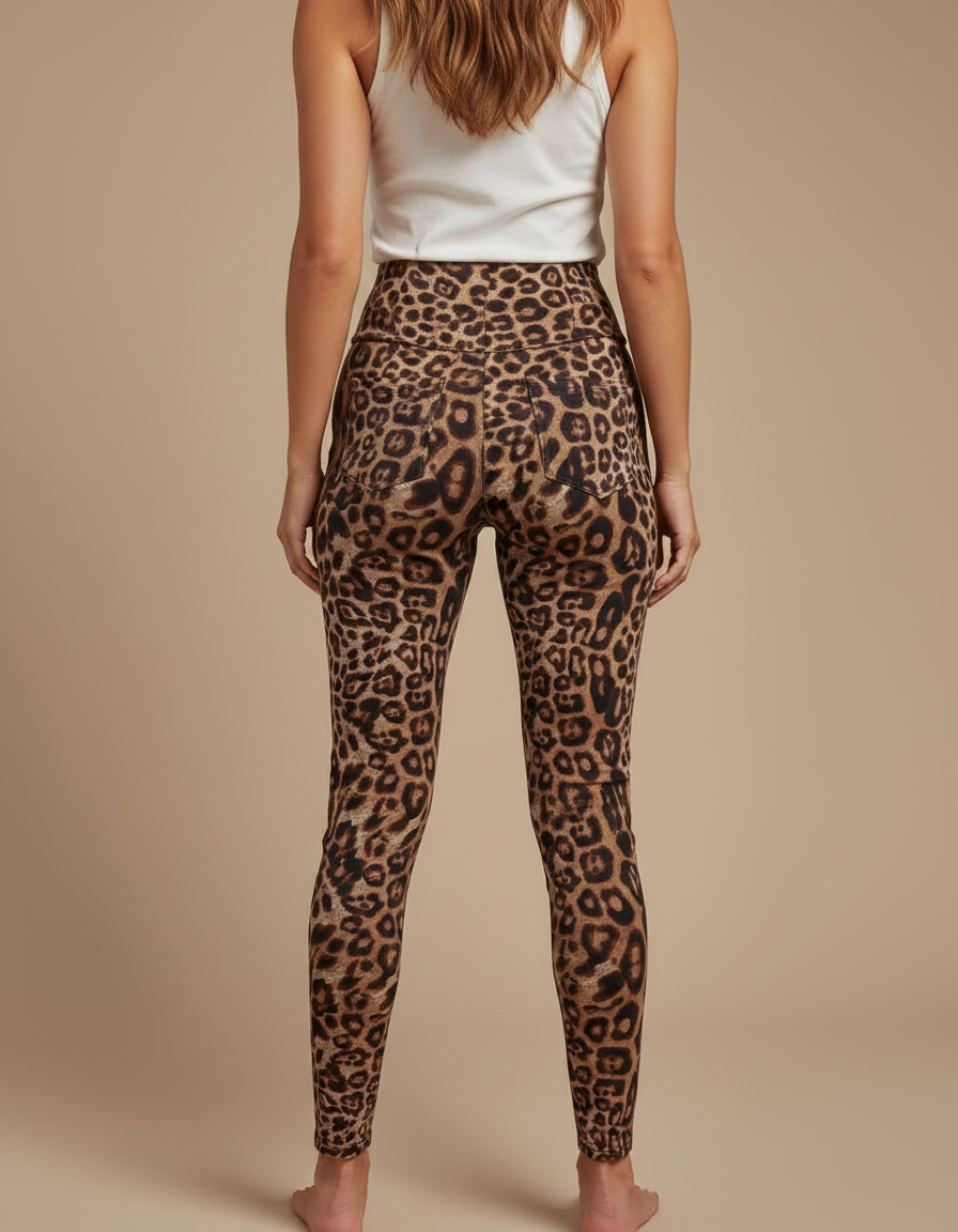Pantalon Léopard Marron Moulant Imprimé Ceinture Nœud - Polyester - vue 2