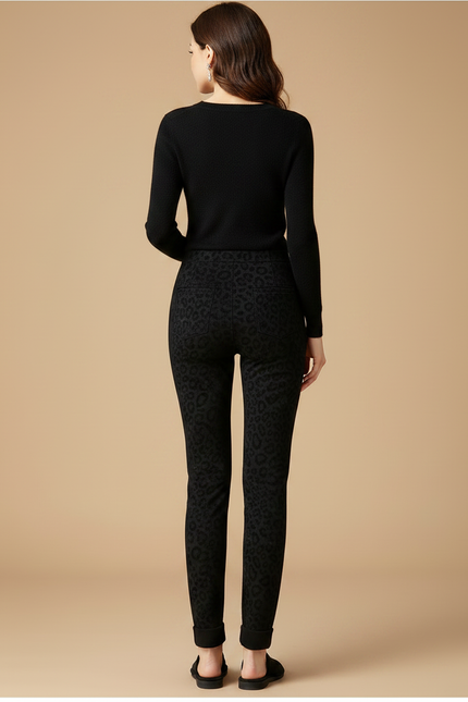 Pantalon Léopard Noir Imprimé Slim Élastique Femme - Maille - vue 2