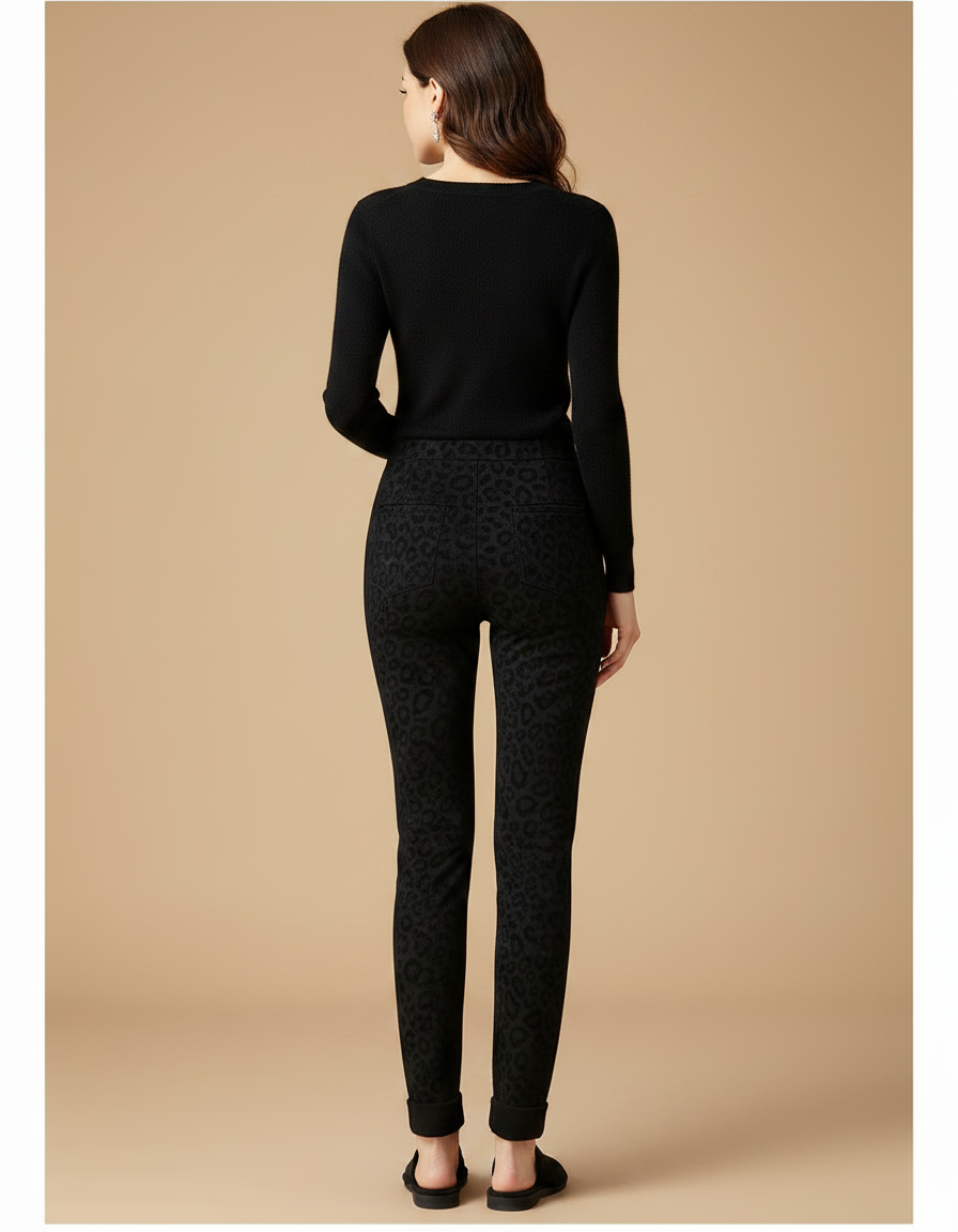 Pantalon Léopard Noir Imprimé Slim Élastique Femme - Maille - vue 2