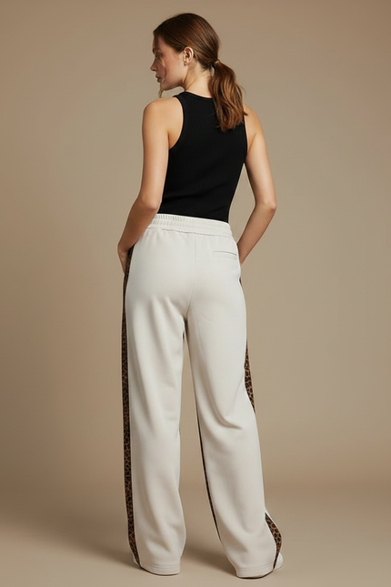 Pantalon Léopard Écru Large Rayure Latérale Décontracté - Beige Molleton - vue 2