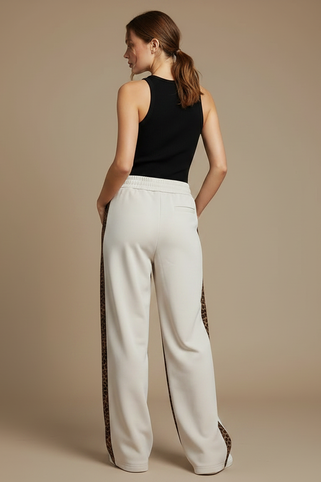 Pantalon Léopard Écru Large Rayure Latérale Décontracté - Beige Molleton - vue 2