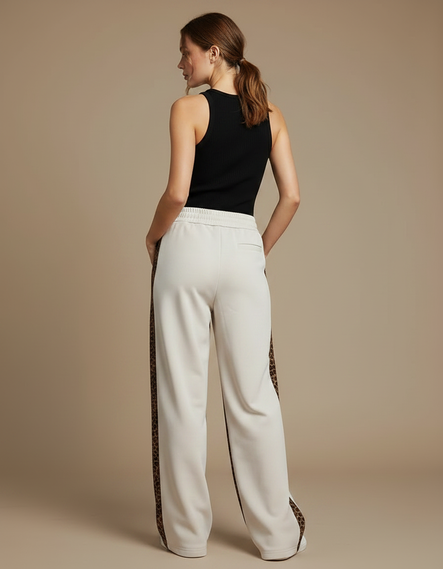 Pantalon Léopard Écru Large Rayure Latérale Décontracté - Beige Molleton - vue 2