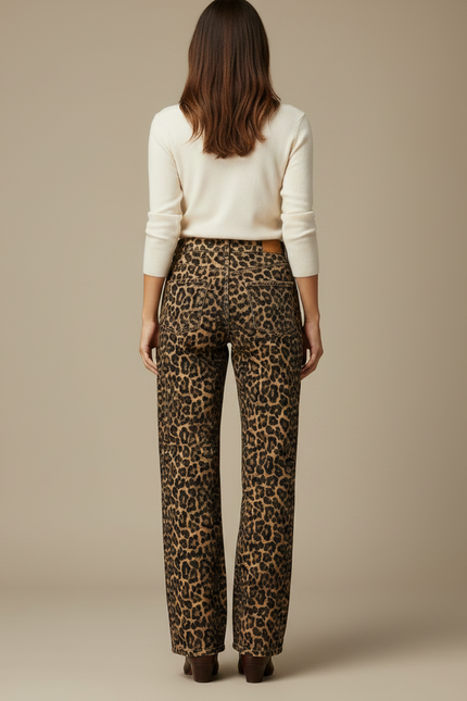 Pantalon Léopard Marron Ample Taille Haute Femme - Imprimé Jean - vue 2