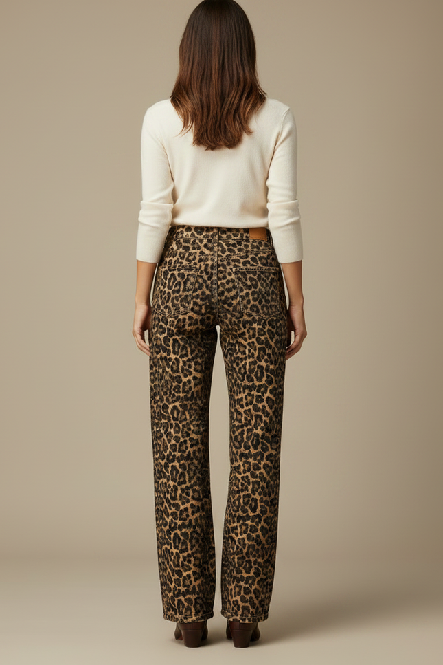 Pantalon Léopard Marron Ample Taille Haute Femme - Imprimé Jean - vue 2