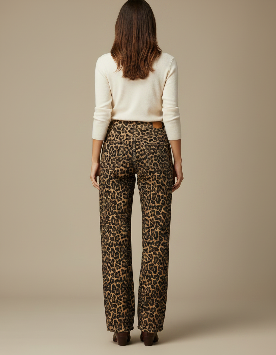 Pantalon Léopard Marron Ample Taille Haute Femme - Imprimé Jean - vue 2