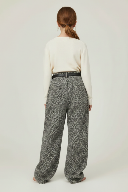 Pantalon Léopard Gris Ample Décontracté Ceinturé - Imprimé Jean - vue 2