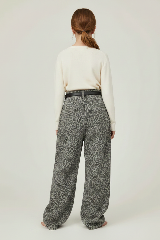 Pantalon Léopard Gris Ample Décontracté Ceinturé - Imprimé Jean - vue 2
