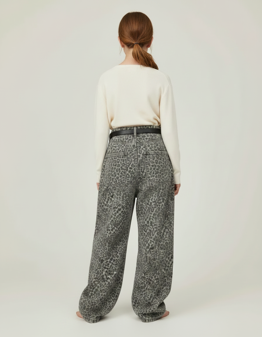 Pantalon Léopard Gris Ample Décontracté Ceinturé - Imprimé Jean - vue 2