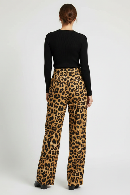 Pantalon Léopard Ample Fluide Satiné Marron - vue 2