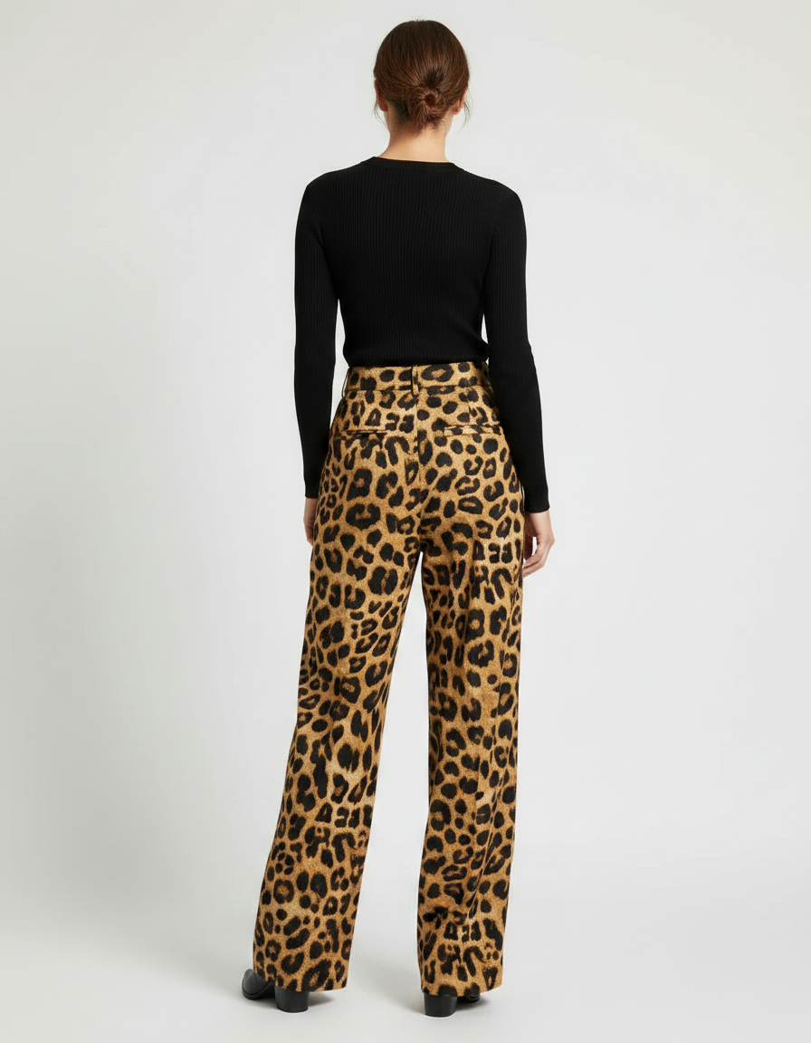 Pantalon Léopard Ample Fluide Satiné Marron - vue 2