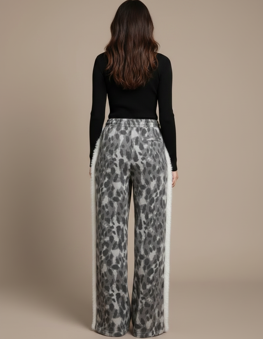 Pantalon Léopard Gris Ample Molletonné Doux Patchwork - vue 2