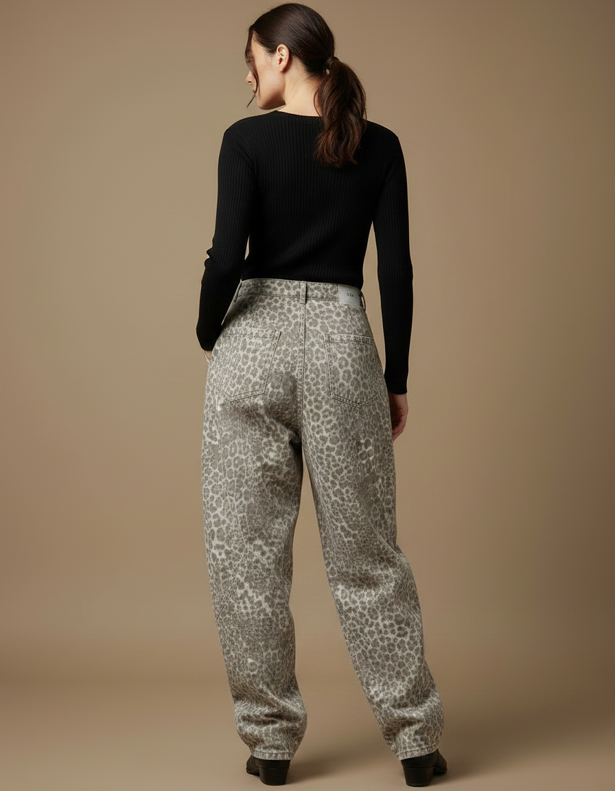 Pantalon Léopard Gris Ample Imprimé Streetwear Denim Femme - Jean - vue 2