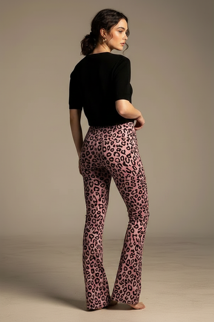 Pantalon Léopard Rose Évasé Imprimé Animal Moulant Femme - Maille - vue 2