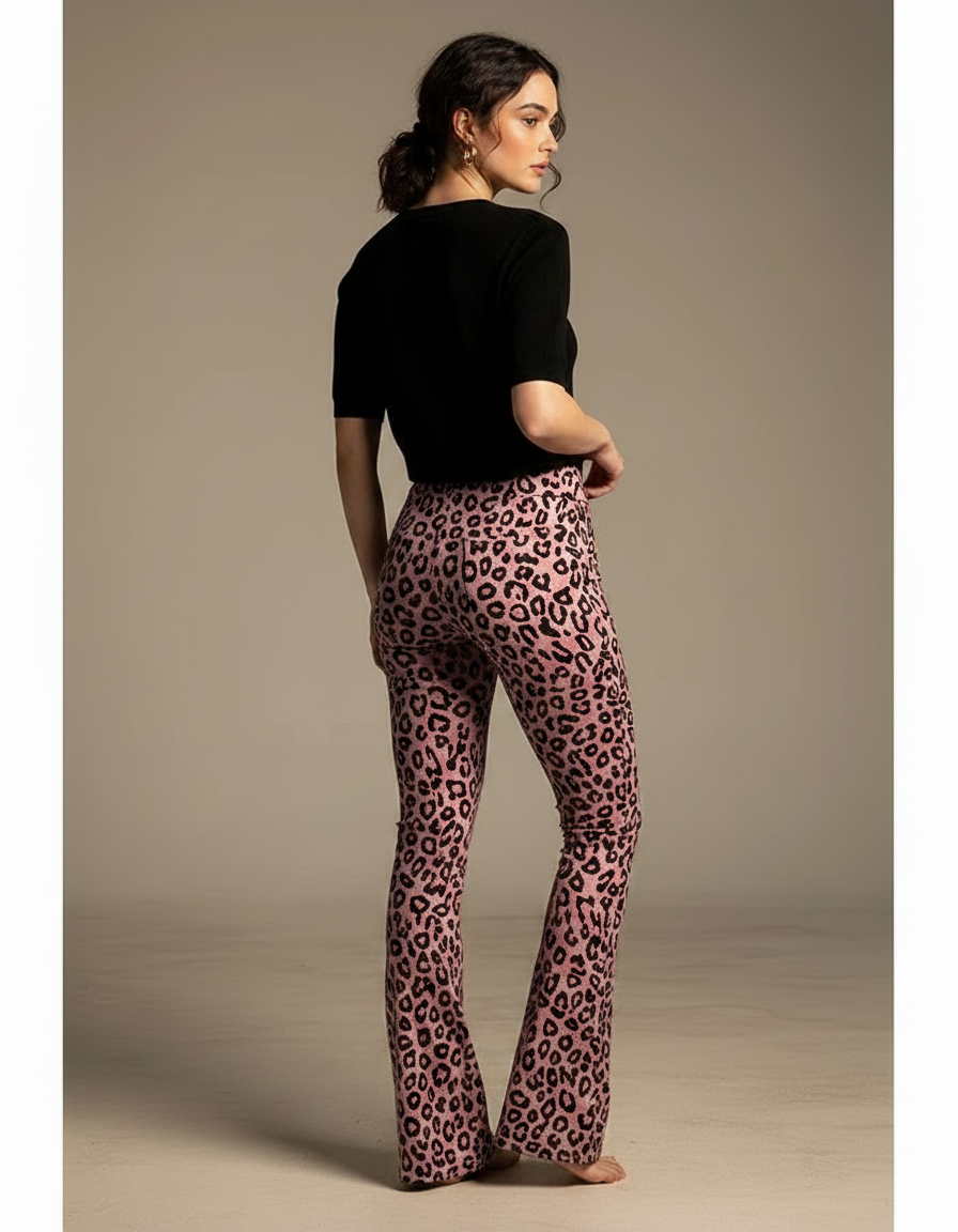 Pantalon Léopard Rose Évasé Imprimé Animal Moulant Femme - Maille - vue 2