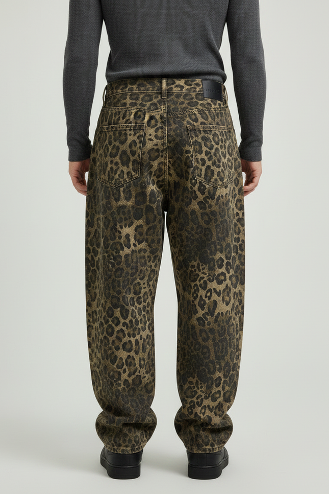 Pantalon Léopard Marron Ample Imprimé Denim Homme - Jean - vue 2