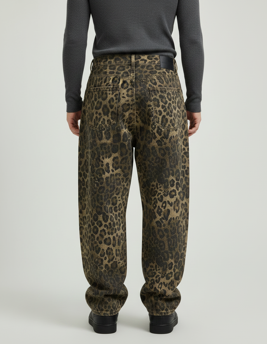 Pantalon Léopard Marron Ample Imprimé Denim Homme - Jean - vue 2