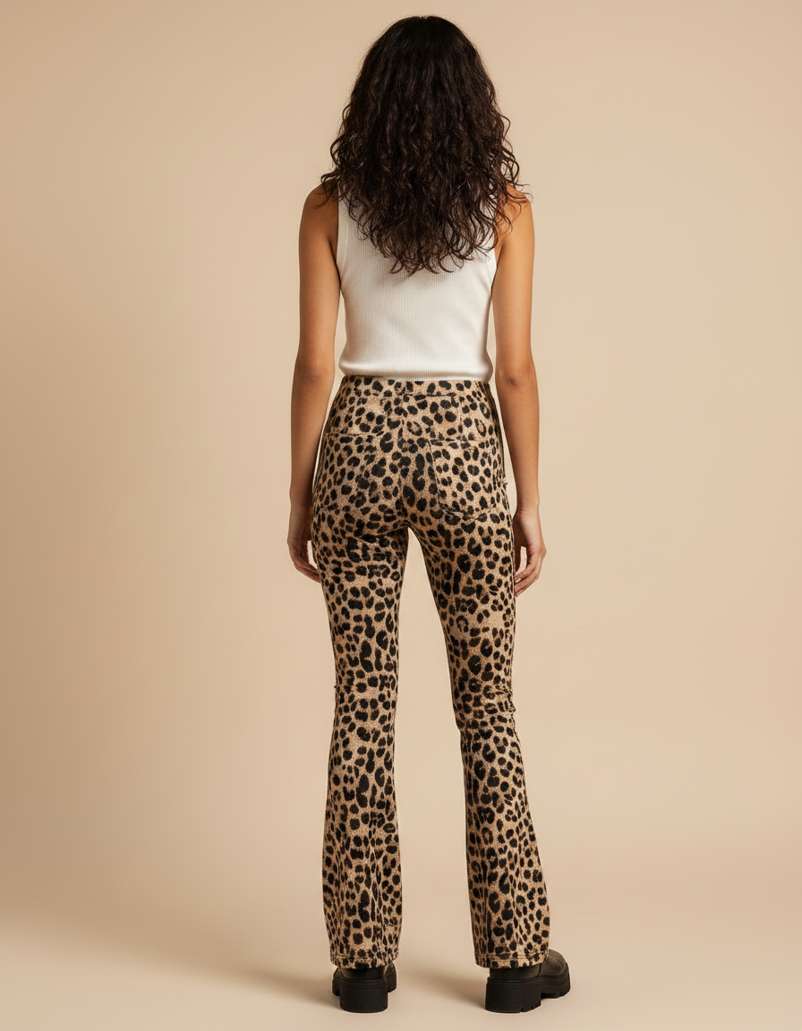 Pantalon Léopard Évasé Femme Imprimé Taille Haute - Maille - vue 2