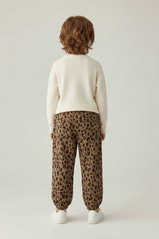 Pantalon Léopard Marron Côtelé Ample Enfant - Imprimé Cordé - vue 2