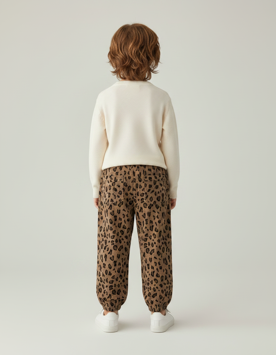 Pantalon Léopard Marron Côtelé Ample Enfant - Imprimé Cordé - vue 2