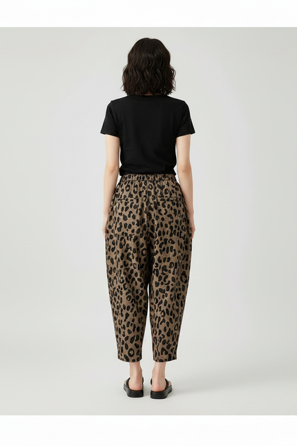 Pantalon Léopard Marron Ample Motif Animal Décontracté - Lin - vue 2