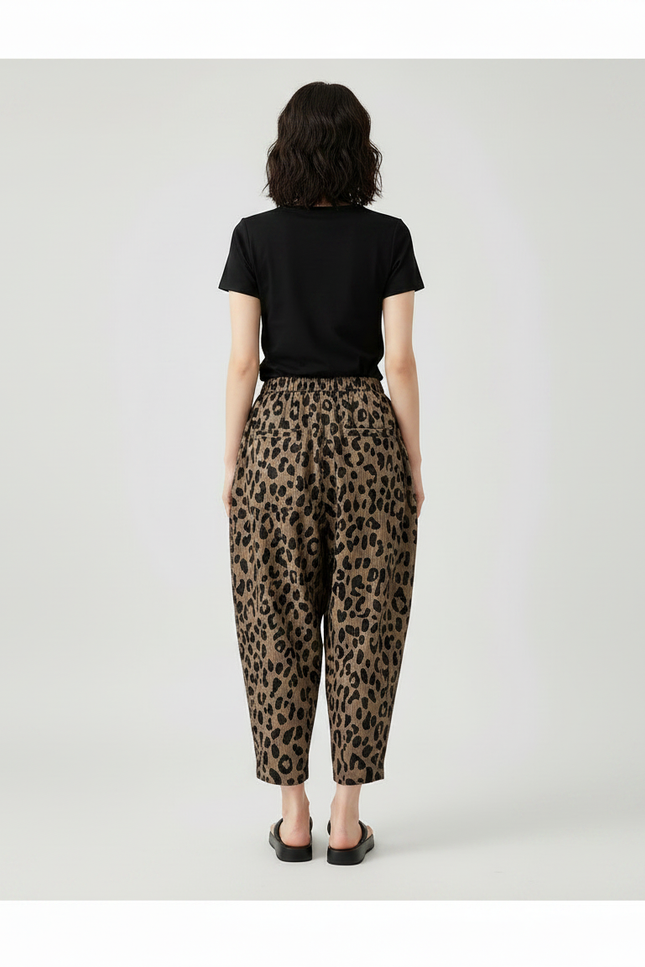 Pantalon Léopard Marron Ample Motif Animal Décontracté - Lin - vue 2