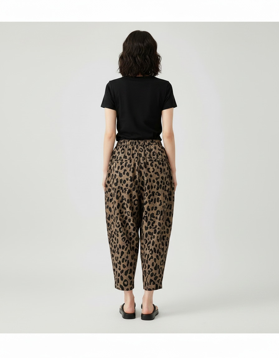 Pantalon Léopard Marron Ample Motif Animal Décontracté - Lin - vue 2