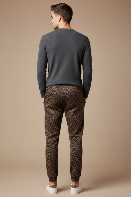 Pantalon Léopard Homme Marron Imprimé Slim Velours - vue 2