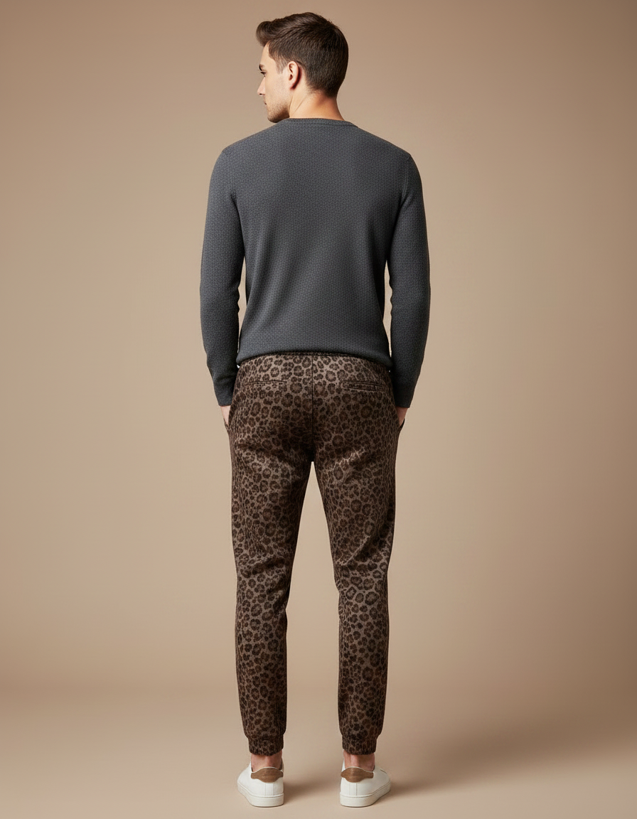 Pantalon Léopard Homme Marron Imprimé Slim Velours - vue 2
