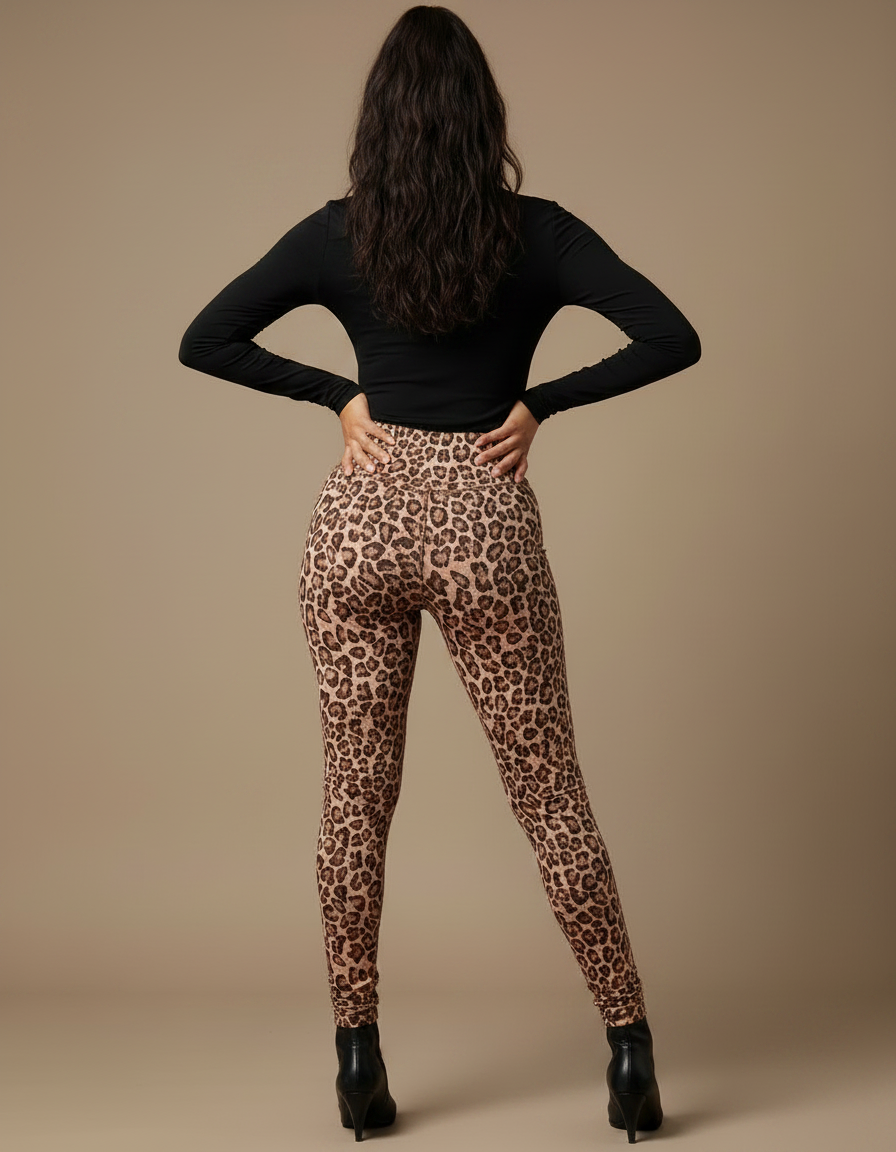 Pantalon Léopard Marron Imprimé Ajusté Taille Haute - Maille - vue 2