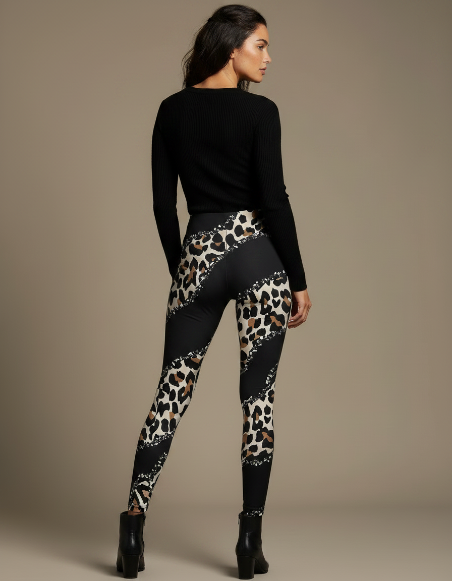 Pantalon Léopard Noir Imprimé Ajusté Confortable Femme Tendance - Maille - vue 2