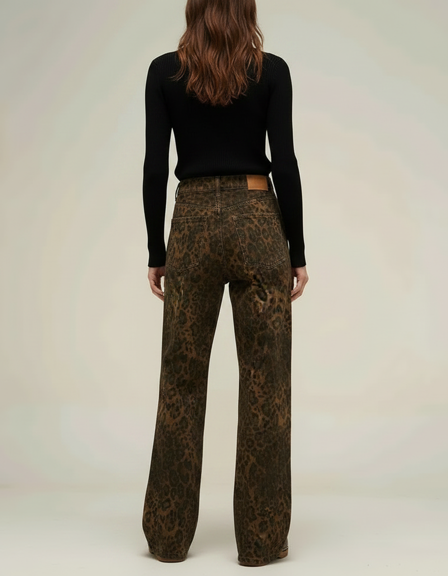 Pantalon Léopard Marron Jean Ample Lavé Vintage - Imprimé - vue 2