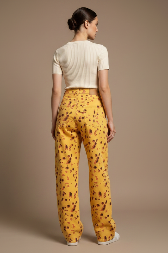 Pantalon Léopard Jaune Ample Imprimé Taches Décontracté - Jean - vue 2