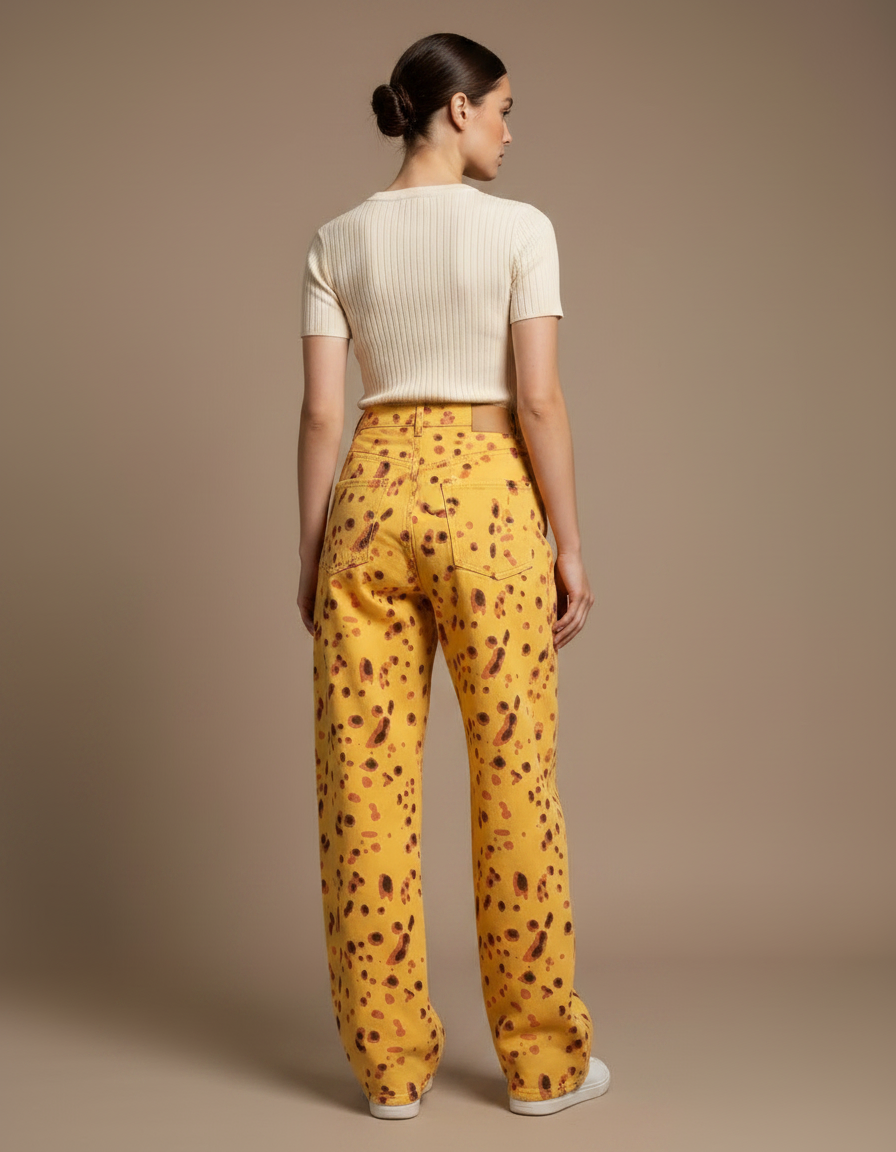 Pantalon Léopard Jaune Ample Imprimé Taches Décontracté - Jean - vue 2