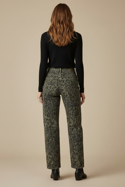 Pantalon Léopard Ample Vert Imprimé Confortable Décontracté - Jean - vue 2