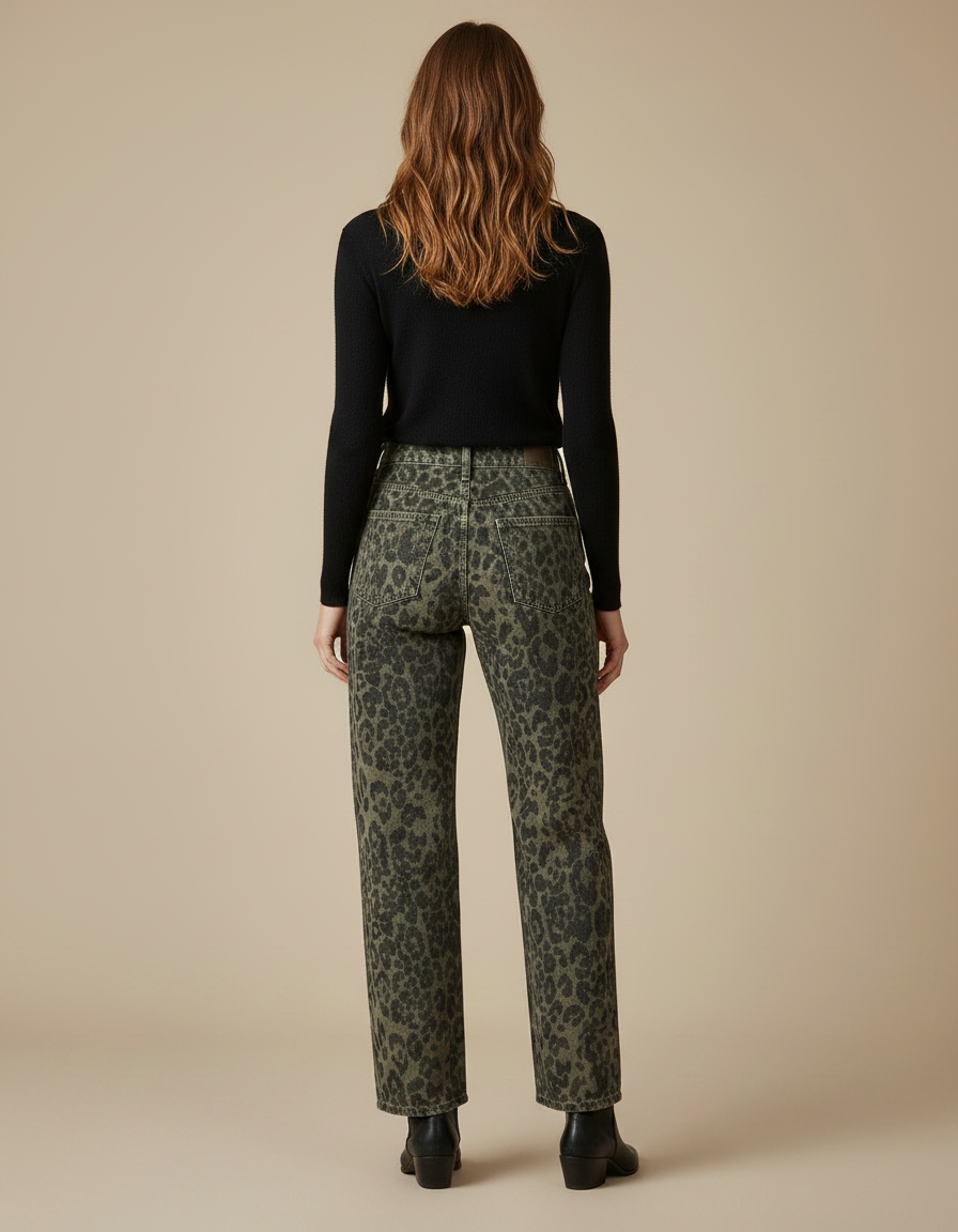 Pantalon Léopard Ample Vert Imprimé Confortable Décontracté - Jean - vue 2