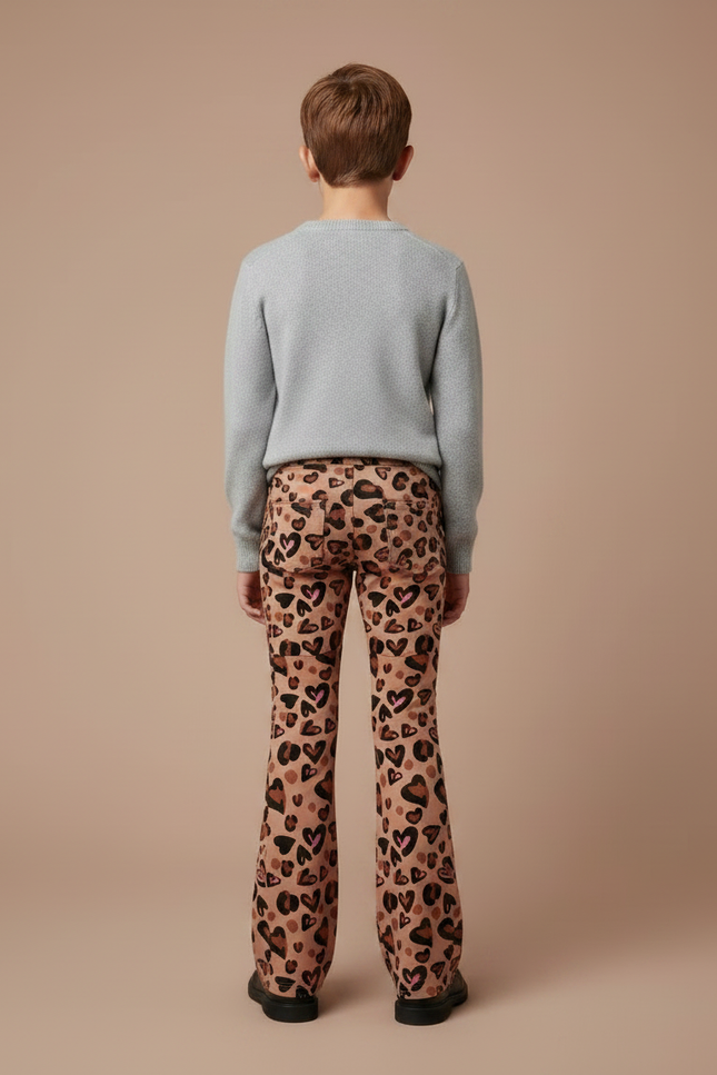 Pantalon Léopard Enfant Évasé Cœurs Marron Imprimé - Maille - vue 2