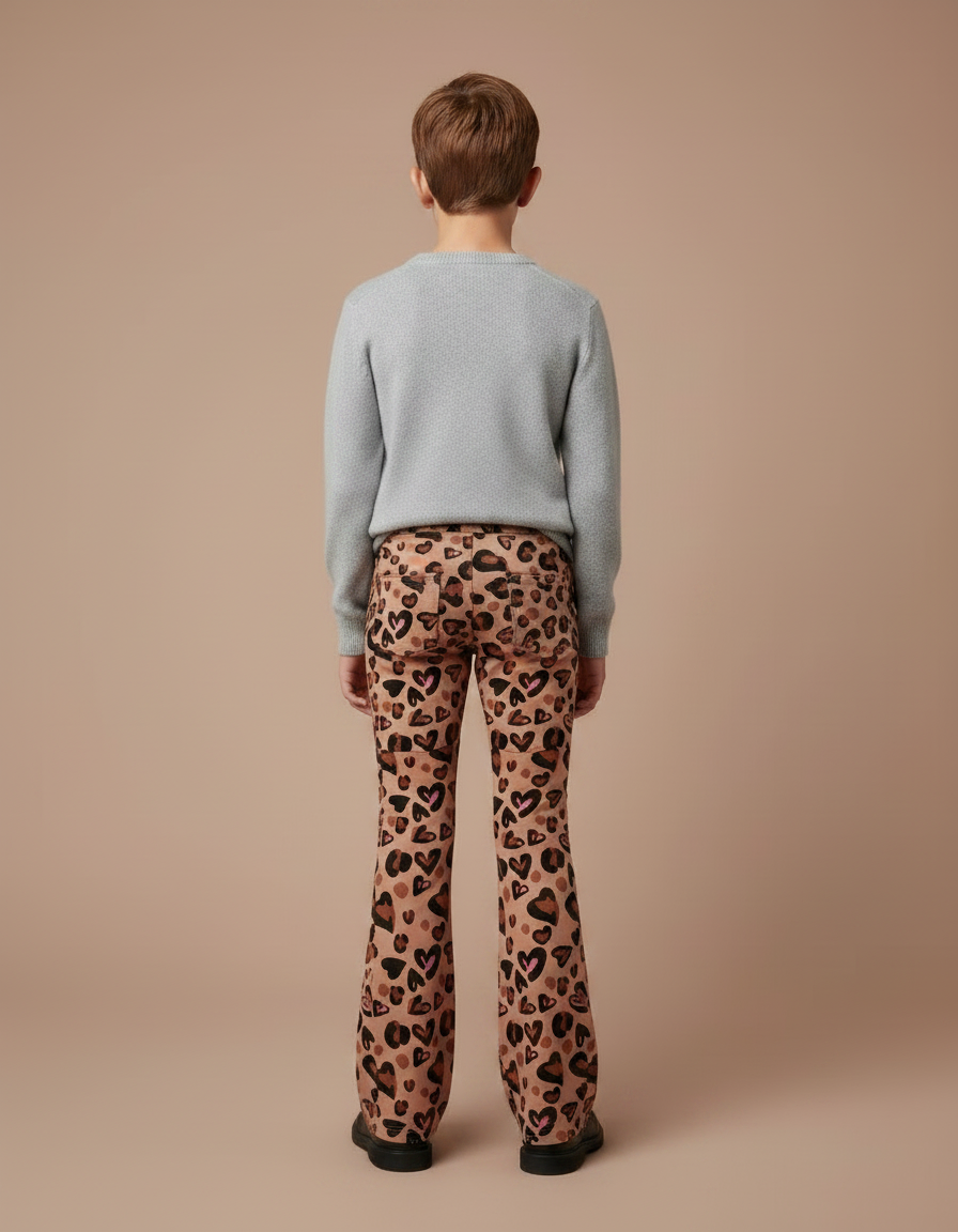 Pantalon Léopard Enfant Évasé Cœurs Marron Imprimé - Maille - vue 2