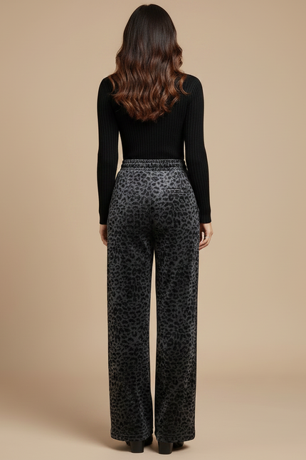 Pantalon Léopard Velours Gris Imprimé Taille Haute Fluide - vue 2