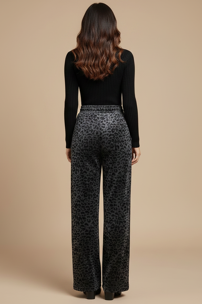 Pantalon Léopard Velours Gris Imprimé Taille Haute Fluide - vue 2