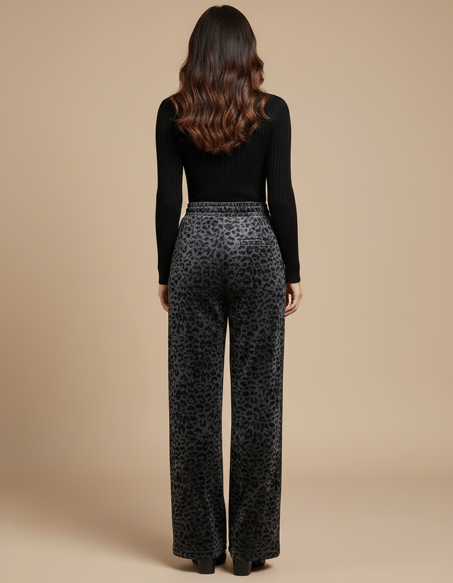 Pantalon Léopard Velours Gris Imprimé Taille Haute Fluide - vue 2