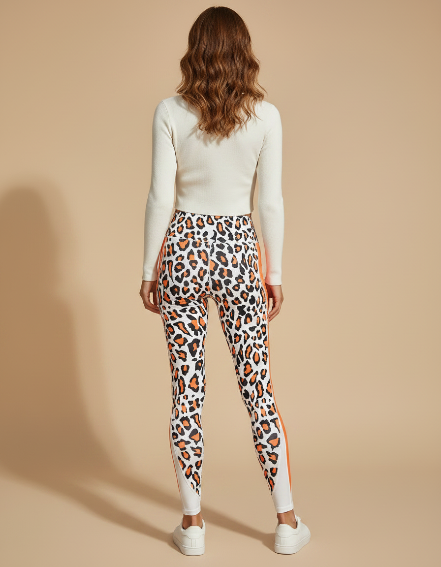 Pantalon Léopard Blanc Orange Imprimé Animal Sport Moulant - Polyester - vue 2
