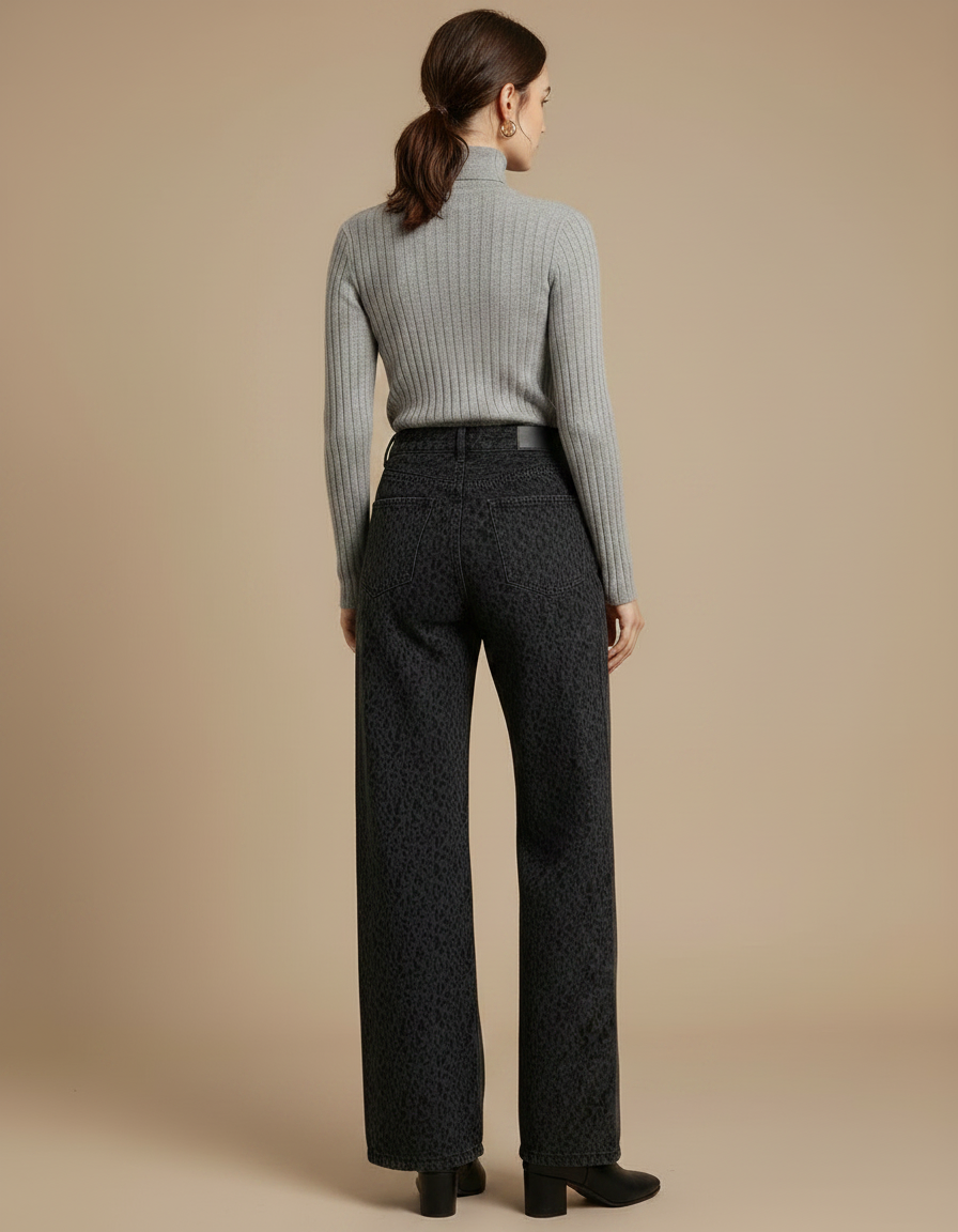 Pantalon Léopard Noir Imprimé Ample Denim Femme - Jean - vue 2
