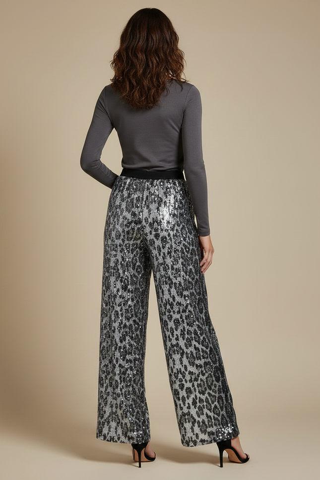 Pantalon Léopard Paillettes Évasé Brillant Femme - Argenté Polyester - vue 2